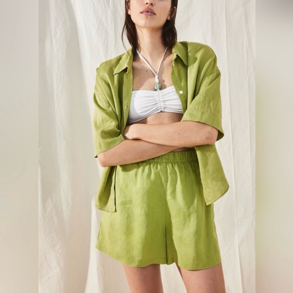 H&M 100% Linen Pull-On Women's Shorts, green Medium